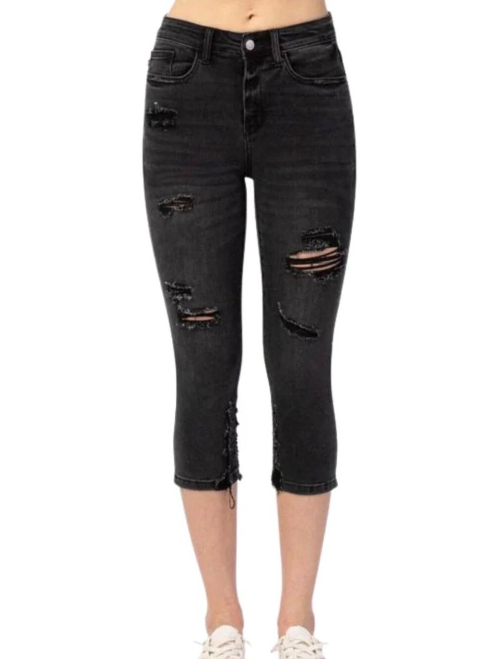NWT Judy Blue Womens Black Destroyed High Rise Skinny Fit Capri‎ Jeans 13/ 31